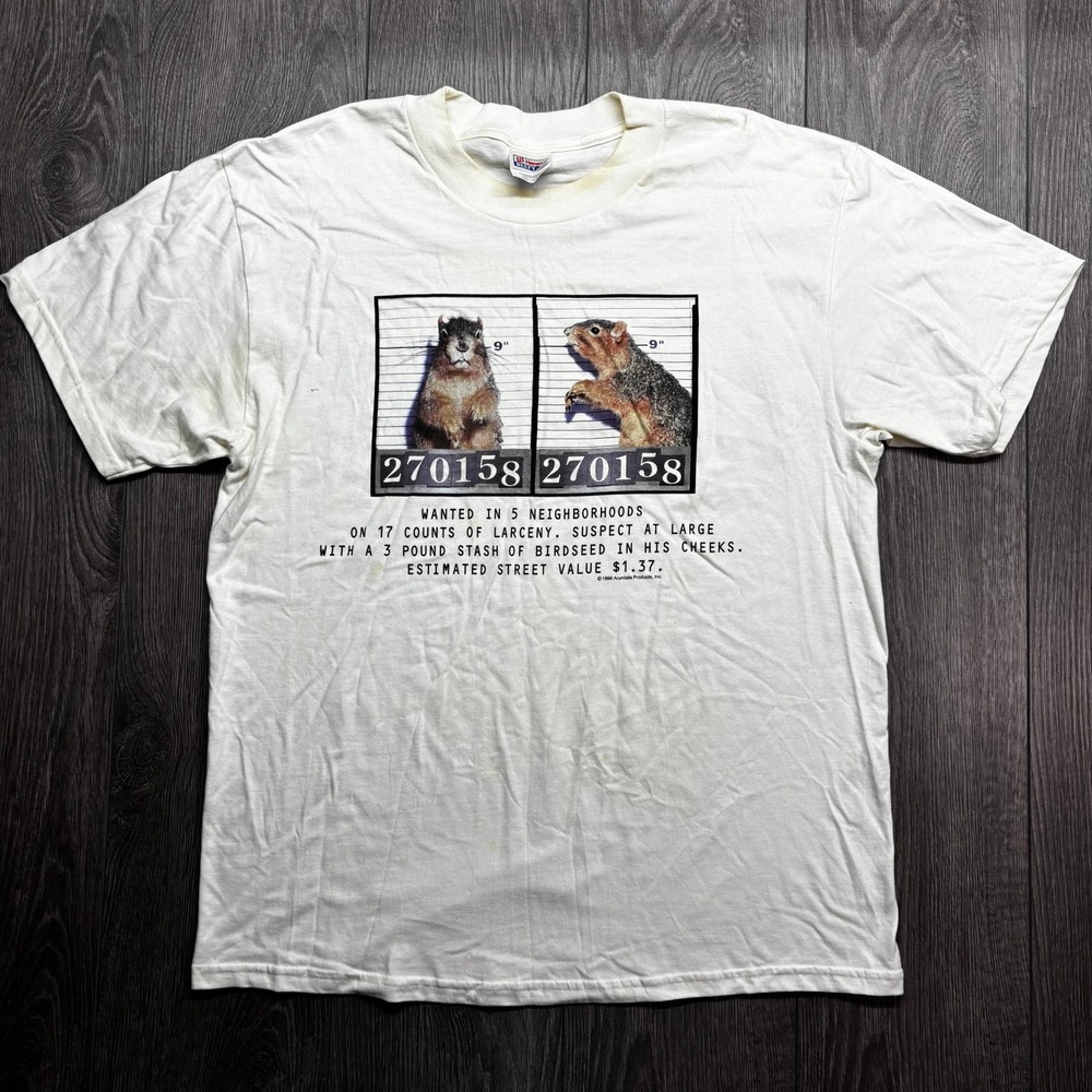 Vintage 1996 Squirrel Mugshot T-Shirt Hanes Beefy-T White Large Funny Graphic